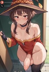 ai_generated balls big_penis blush clothing cock dickgirl embarrassed erection futanari high-angle_view huge_cock intersex kono_subarashii_sekai_ni_shukufuku_wo! light-skinned_futanari light_skin megumin penis precum roxygtf short_hair small_breasts solo standing sweat sweating sweaty_body