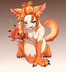 abs absurdres ahoge animal_ears blue_eyes breasts brown_background buffpup_(vtuber) claw_pose completely_nude english_commentary ev_v1l eyelashes fangs female gradient_background hair_ornament hairclip highres kneeling long_hair looking_at_viewer medium_breasts monster_girl multicolored_hair nipples nude open_mouth orange_fur orange_hair pussy red_hair shiny_skin simple_background solo tail thighs toned toned_female vchiban virtual_youtuber white_background wolf_ears wolf_girl wolf_tail