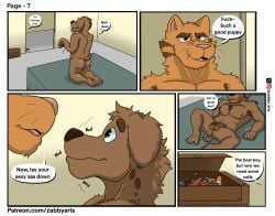 anthro armpit_hair ass bed blake_dog body_hair bound canid canine canis comic cougar dialogue domestic_cat domestic_dog duo english_text eyebrows felid feline felis furniture hi_res hyena male male/male mammal musk nipples nude text tony_cat vice zabby_arts