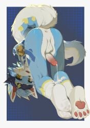 anthro anus arm_tuft ass_up balls blue_body bodily_fluids canid canine canis countershading cum cum_drip cum_on_leg dripping facial_markings foreskin genital_fluids genitals head_markings headband_only hi_res inner_ear_fluff leg_markings looking_at_viewer male mammal markings mostly_nude narrowed_eyebrows ningning one_sock_on open_mouth orange_inner_ear partially_retracted_foreskin pattern_background pawpads penis penis_backwards red_inner_ear_fluff red_pawpads retracted_foreskin shoulder_tuft simple_background solo star_pupils tuft uncircumcised white_body white_countershading wolf yellow_eyes