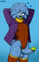 1gay 1male blue_fur gay gay_male gay_only jacket jacket_open leotard male male_only penis pose precum precum_on_penis puffle puffledreemurr seductive stockings thick_eyebrows tongue tongue_out turtleneck_leotard