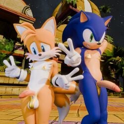 3d anthro balls bikini bikini_bottom bikini_top blender_(artwork) blue_body blue_fur blush canid canine clothing digital_media_(artwork) duo erection eulipotyphlan fox fur genitals gloves handwear hedgehog hi_res male male/male mammal penis sega sonic_(series) sonic_the_hedgehog sonic_the_hedgehog_(series) swimwear tails tails_the_fox twintails3d two-piece_swimsuit