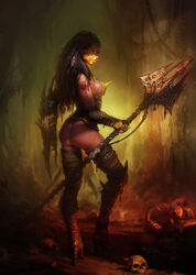 1girls ass blood fantasy female female_only gladiator hamsterfly high_heel_boots holding_weapon nipple_armor nipple_spikes original skull solo solo_female tagme weapon