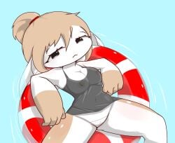 2025 anmijoy anthro breasts brown_body brown_hair cleavage clothed clothing digital_media_(artwork) female genitals grey_eyes hair hi_res inflatable inner_tube lagomorph leporid looking_at_viewer mammal mizaxi_qixi_(anmijoy) multicolored_body navel nipples outside pink_nipples ponytail pussy rabbit solo translucent translucent_clothing translucent_topwear translucent_underwear underwear water white_body