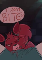 1boy1girl animatronic bulge female five_nights_at_freddy's fox foxy_(fnaf) hook hook_hand human imminent_fellatio looking_at_viewer male pants red_eyes red_fur robot robot_girl rule_63 speech_bubble straight tail