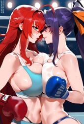 2girls ai_generated akeno_himejima breasts_pressed_against_another breasts_to_breasts curvy_females females_only girlfriends high_school_dxd huge_breasts lesbian_couple looking_at_each_other racerai rias_gremory rias_x_akeno symmetrical_docking voluptuous_female wife_and_wife yuri