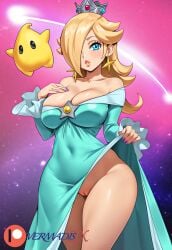 1girls ai_generated bangs bare_shoulders big_breasts blonde_female blonde_hair blue_dress blue_eyes blush breasts cleavage crown dress dress_lift earrings female female_only galaxy huge_breasts large_breasts long_hair looking_at_viewer luma mario_(series) night nintendo no_panties novelai one_eye_covered partially_clothed presenting_pussy princess_rosalina pussy seductive space standing star super_mario_bros. super_mario_galaxy thick_hips thick_lips thick_thighs upskirt vermadis2x voluptuous voluptuous_female wide_hips yellow_hair