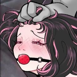 black_hair bondage bondage bunny down ear eyes force gag gagged girl grab hair half harness kidnapped kuramichii lewd multicolored_hair open outfit pink_eyes pink_hair pinned rabbit rabbit_ears rabbit_girl rape raped restrained sex