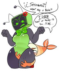 1boy 1boy1girl 1girls angry angry_expression angry_eyes angry_face big_butt big_thighs bow chubby chubby_female dandy's_world dandys_world female grabbing grabbing_another's_ass grabbing_ass grabbing_from_behind green_body green_skin male male/female orange_body orange_skin roblox short_male shrimpo_(dandy's_world) text text_bubble textless vee_(dandy's_world)