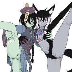 2girls animal_ears anus arm_around_waist aurora_(yblndr) black_eyes black_hair braid braided_ponytail breasts chinese_clothes colored_skin commentary completely_nude dual_persona empty_eyes expressionless fox_ears fox_girl fox_tail frown furry furry_female glasses goggles goggles_around_neck green_skin grey_skin hat highres id_card jiangshi long_hair medium_hair multicolored_hair multiple_girls navel no_nipples no_panties nude original pussy qingdai_guanmao round_eyewear single_braid slit_pupils small_breasts split standing standing_on_one_leg standing_split tail two-tone_hair variant_set very_long_hair white_hair yblndr yellow_eyes