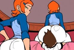 1boy 1girls aged_up ai_generated alternate_breast_size ass ben_10 ben_tennyson big_ass cousins curvaceous curvy female green_eyes gwen_tennyson imminent_sex incest large_breasts male mullon novelai orange_hair seductive seductive_look short_hair thick_thighs