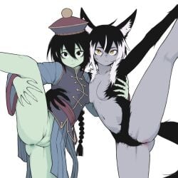 2girls animal_ears anus arm_around_waist aurora_(yblndr) black_eyes black_hair braid braided_ponytail breasts chinese_clothes colored_skin commentary completely_nude dual_persona empty_eyes expressionless fox_ears fox_girl fox_tail frown furry furry_female green_skin grey_skin hat highres jiangshi long_hair medium_hair multicolored_hair multiple_girls navel no_nipples no_panties nude original pussy qingdai_guanmao single_braid slit_pupils small_breasts split standing standing_on_one_leg standing_split tail two-tone_hair variant_set very_long_hair white_hair yblndr yellow_eyes
