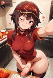 ai_generated balls big_penis blush clothing cock cum dickgirl food futanari huge_cock indoors intersex job kono_subarashii_sekai_ni_shukufuku_wo! light-skinned_futanari light_skin mcdonald's megumin penis precum restaurant roxygtf short_hair small_breasts solo sweat sweating sweaty_body uniform