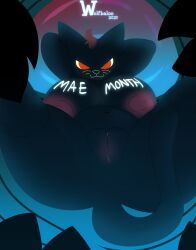 anthro big_breasts body_writing breasts digital_media_(artwork) domestic_cat english_text felid feline felis female fur genitals hair hands_behind_head hi_res huge_breasts looking_at_viewer mae_borowski mammal night_in_the_woods nipples nude pussy red_eyes simple_background smile solo tail text thick_thighs wolfbaloo