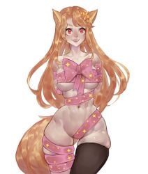 big_breasts blonde_female blonde_hair bow breasts convenient_censoring covered_nipples dog_ears dog_girl dog_tail female furry furry_female hair_ornament long_hair looking_at_viewer medium_breasts original pink_bow present present_wrap presenting red_eyes single_thighhigh squished_breasts star thighhighs thighs tsuchu0 wraps