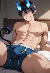 1boy abs ai_generated ao_no_exorcist arm_support blue_eyes blue_male_underwear blue_underwear boxer_briefs boxer_briefs_only bsky_link bulge civitai dvxxxgrai gay illustrious_(stable_diffusion) lying_on_bed male male_only navel nipples nude okumura_rin smile solo solo_male tagme tail yaoi