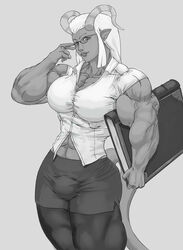 1futa abs big_muscles book breasts dickgirl extreme_muscles futa_only futanari glasses higalack horns intersex large_breasts monochrome muscles muscular_futanari navel pointy_ears solo tail white_hair