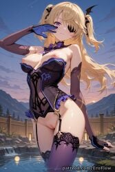 1girls 2025 ai_generated arm_up bangs bare_shoulders blonde_hair blush bottomless bow bowtie breasts cleft_of_venus closed_mouth detached_collar elbow_gloves eroflow eyepatch female fischl_(ein_immernachtstraum)_(genshin_impact) fischl_(genshin_impact) garter_straps genshin_impact gloves hair_ornament hair_over_one_eye hair_ribbon hand_up hi_res highres hoyoverse leotard long_hair looking_at_viewer medium_breasts mihoyo mihoyo_technology_(shanghai)_co._ltd. nipples no_panties outdoors patreon purple_bow purple_eyes pussy ribbon single_thighhigh sky solo thighhighs thighs two_side_up vagina voluptuous voluptuous_female water
