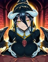 1boy ai_generated albedo_(overlord) black_bodysuit black_hair blurry_background chiaroscuro closed_mouth clothed_female_nude_male dark dark-skinned_male dark_penis dark_skin depth_of_field dungeon female half-closed_eyes horns indoors large_breasts light-skinned_female light_skin long_hair looking_at_viewer low_wings male male/female mini_wings naked naked_male nude nude_male overlord_(maruyama) paizuri penis ponytail pov pov_crotch red_wall scenery seiza smug solo_focus wariza x_hair_ornament yellow_eyes