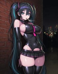1girls against_wall ai_generated black_eyeshadow black_hair blue_eyes blue_hair breasts cigarette cigarette_in_mouth city_background collar covered_nipples cowboy_shot detached_sleeves ear_piercing eyeshadow goonedoutp3rv goth goth_girl hatsune_miku large_breasts long_hair looking_at_viewer microskirt miniskirt necktie panties sideboob skin_tight solo solo_female streaked_hair thighhighs thighs twintails two_tone_hair vocaloid