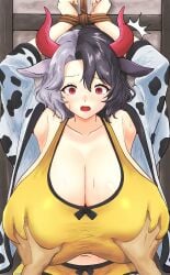 1boy 1girls animal_ears armpits arms_up big_breasts black_hair breasts cleavage clothed_female cow_ears cow_girl cow_print_jacket female grabbing grabbing_breasts grey_hair groping groping_breasts hinben horns huge_breasts light-skinned_female male mature_female pov questionable_consent red_eyes silver_hair tied_up touhou urumi_ushizaki