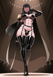 1girls abs adjusting_hair ai_generated bdsm_harness bra bulge cape crowd dsp female full_body futanari high_heel_boots intersex katana kill_la_kill kiryuuin_satsuki shiny_clothes solo spotlight suspenders thong walking