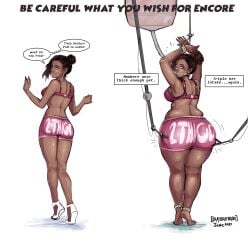 1girls ass_expansion back_view dark-skinned_female dark_skin dialogue expansion hose hose_in_mouth hose_inflation inflation nightmare_fuel okayokayokok tagme tied_feet tied_hands tied_up transformation weight_gain