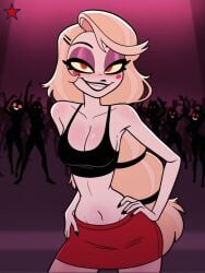 1girls 2025 4_fingers ai_generated belly big_breasts black_clothing black_nails black_tank_top black_topwear blonde_hair charlie_morningstar_(hazbin_hotel) cleavage demon demon_girl deviantart_link female female_protagonist hairband hand_on_hip hazbin_hotel long_hair looking_at_viewer makerdeviant mascara midriff miniskirt navel pale-skinned_female party pencil_skirt people_in_background pov princess public red_eyes red_miniskirt red_skirt shaved_armpit smile smiley_face tank_top very_long_hair yellow_sclera