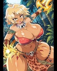 big_ass big_breasts blonde_hair clothed clothing curves highquality jungle_de_ikou legs mii mii_(jungle_de_ikou) pose primitive sexy tanned_skin thicc tsundere warrior
