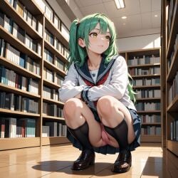 1girls ai_generated amber_eyes clothed female green_hair hair indoors inside kneehighs knees_up kneesocks library long_hair nkmr_norimaki panties pantyshot pantyshot_(squatting) pink_panties pussy_visible_through_clothes pussy_visible_through_panties school_uniform schoolgirl schoolgirl_uniform shoes skirt socks solo solo_female squatting thick_thighs thighs upskirt