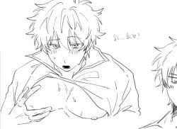 bankun0000 big_pecs blush gintama gintoki_sakata looking_at_viewer male male_only monochrome pec_grab pecs shirt_up shy sketch solo sweat upper_body