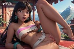 1girls ai_generated bandeau bare_shoulders barefoot black_hair blunt_bangs bottomless bracelet breasts brown_eyes chel chel_(the_road_to_el_dorado) clothes_lift collarbone dark-skinned_female dark_skin day dreamworks earrings feet female hi_res jewelry knee_up leg_up lips loincloth long_hair looking_at_viewer lying medium_breasts mole mole_under_eye mountain navel on_back open_mouth outdoors patreon_username pelvic_curtain pussy r34arts solo spread_legs strapless the_road_to_el_dorado toes tube_top twitter_logo uncensored underboob