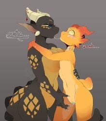 2girls anthro bedroom_eyes big_breasts black_sclera bodily_fluids breast_size_difference breasts clitoris clitoris_piercing duo eye_contact featureless_chest female female/female finger_fuck fingering fingering_partner flat_chested furry genital_fluids genital_piercing genitals hi_res horn intraspecies klank_(spark.kobbo) kobold looking_at_another multiple_girls narrowed_eyes phytuna piercing pussy_juice pussy_juice_on_hand pussy_juice_string scalie scar seductive sex simple_background tail thick_tail vaginal_fluids vaginal_penetration wide_eyed yellow_scar yuri