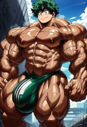 ai_assisted ai_generated balls gentle_giant huge_balls huge_cock huge_muscles izuku_midoriya male male_only my_hero_academia penis penis_bulge solo_male speedo tanned_skin