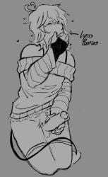 1boy :p closed_eyes desperate dick_in_hand gray gray_background grayscale happy_trail huffing male masturbating no_underwear oc on_knees orginal_character panties panty_sniffing persona queer quest1onm4rk self_upload tagme transmasc