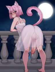 1boy ass balls bent_over big_penis blush blushing_at_viewer cat_ears cat_tail cock dokima erect_penis erection erection_under_clothes eyebrows eyebrows_visible_through_hair eyelashes femboy huge_cock hung_trap large_penis leaking leaking_precum light-skinned_male light_skin male massive_penis moon moonlight penis penis_out pink_eyes pink_hair snaggle_tooth testicles translucent_clothing transparent_clothing