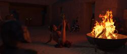 1girls 3d alexbridger belly_dancer belly_dancer_outfit boots brown_hair camping closed_eyes dancer dancer_outfit dancing desert gamorrean harem_girl harem_outfit jawa leg_up loincloth princess_leia_organa slave slave_bikini slave_collar slave_girl slave_leia slave_outfit star_wars tatooine