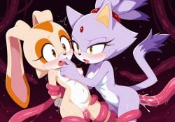 2girls aged_up ai_generated anal anthro blaze_the_cat blush breasts brown_eyes cat cream_the_rabbit cute embarrassed eyes_half_open feline female finger_in_mouth forced_yuri implied_kiss lagomorph lesbian looking_at_partner mobian_(species) multiple_girls pussy rabbit saliva_string sonic_(series) sonic_the_hedgehog_(series) tentacle tentacle_bondage tentacle_in_pussy tentacle_penetration tentacle_sex vaginal_penetration yellow_eyes yuri