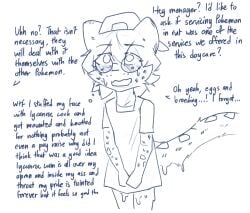 anthro apron backwards blue_and_white blush blush_lines bodily_fluids clothing cum cum_drip cum_on_clothing dialogue dripping english_text eyewear felid genital_fluids glasses hat headgear headwear kemono male mammal monochrome nintendo pantherine pokemon pokemon_daycare round_glasses shen_(snepause) simple_background snepause snow_leopard solo text