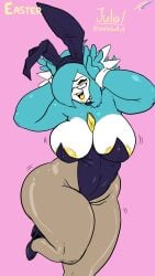 2025 9:16 anthro areola areola_slip bent_leg big_breasts big_thighs black_clothing black_footwear black_high_heels black_leotard breasts bunny_costume bunny_ears bunny_ears_(cosmetic) bunny_pose bunnysuit clothing costume cuffs_(clothing) easter eyewear fake_ears fake_rabbit_ears fakeryway female footwear gardevoir generation_3_pokemon glasses hair hair_over_one_eye heels hi_res high_heels holidays humanoid julia_caernarvon legwear leotard looking_at_viewer mole mole_under_eye multicolored_body nintendo open_mouth pantyhose pink_background pokemon pokemon_(species) pose shoes simple_background smiling smiling_at_viewer solo standing_on_one_leg teal_body teal_hair thick_thighs two_tone_body wearing_glasses white_body wide_hips wrist_cuffs yellow_areola yellow_eyes