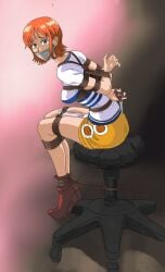 2d 2d_(artwork) arms_behind_back chair chair_bondage clothing female female_focus female_only femsub gag gagged gagged_female heels human human_only light-skinned_female light_skin looking_at_viewer nami_(one_piece) one_piece orange_hair rope rope_between_breasts rope_bondage scissors skirt solo solo_female solo_focus tape tape_gag taped_mouth thebondageplug thick_thighs thighs vibrator
