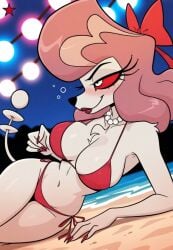1girls 2025 4_fingers ai_generated anthro beach big_breasts bikini blush busty canine canine_humanoid collar deviantart_link domestic_dog eyelashes female fur hellaverse helluva_boss humanoid large_breasts lipstick makerdeviant necklace night pearl_necklace poodle red_lipstick red_nails red_sclera side-tie_bikini side-tie_panties solo solo_female solo_focus tail vikki_(helluva_boss) white_fur