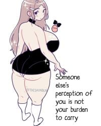 1girls alternate_version_available artist_name artist_signature ass back backless_dress backless_outfit bare_back bare_shoulders big_ass big_breasts big_butt black_outfit blush blush_lines boobs_and_butt_pose breasts brown_hair busty cellulite choker curvaceous curvy curvy_female curvy_figure dress emotional_support exposed_back female female_focus female_only hi_res high_resolution highres inspirational large_ass large_breasts light-skinned_female light_skin long_hair motivational motivational_poster oc original original_character russet_(theshunbun) sideboob simple_background solo solo_focus sparkle sparkles tagme theshunbun thick_thighs thighs twitter_username voluptuous voluptuous_female white_background wholesome