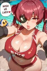 ai_generated bangs bare_shoulders blush breasts busty caption cleavage comic comic_page commission dialogue english_text eyepatch female fit gloves hair_ribbon heart hololive hololive_fantasy hololive_japan houshou_marine indie_virtual_youtuber large_breasts long_hair looking_at_viewer navel ocean patreon patreon_url patreon_username red_eyes red_hair red_ribbon ribbon self_shot sinderellaart solo speech_bubble sweat text text_bubble thick thick_legs toned_female tongue tongue_out twintails virtual_youtuber volleyball_uniform volleyballthick_thighs voluptuous vtuber youtube youtuber