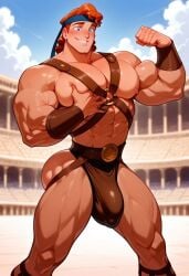 ai_generated ancient_greece ass bara big_ass big_biceps big_bulge big_pecs bubble_butt bulge disney flexing flexing_arms flexing_bicep flexing_muscles grabbing_own_breast harness hercules_(character) hercules_(disney) himbo leather leather_clothing male male_focus male_only man_boobs muscles muscular_arms muscular_legs muscular_male muscular_thighs mythology obliques pec_grab pec_grasp pectoral_bulge pectoral_grab revealing_clothes squeezing_breast yaoi