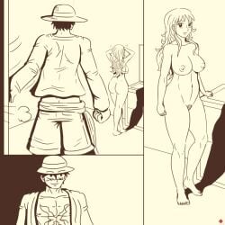 before_sex big_breasts female male monkey_d_luffy nami_(one_piece) nipples nude nude_female one_piece scar sketch
