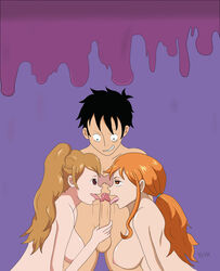 1boy 2girls breasts charlotte_pudding collaborative_fellatio completely_nude completely_nude_female completely_nude_male double_fellatio fellatio female handjob licking male monkey_d_luffy multiple_fellatio multiple_girls nami nami_(one_piece) nipples nude one_piece oral oral_sex penis post-timeskip teamwork testicles threesome tongue_out uncensored yuya