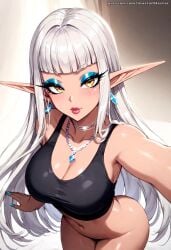 abs ai_generated bangs black_topwear bottomless dark_elf elf elf_ears elf_female eyelashes eyeshadow freckles hime_cut long_hair makeup mastarblastar medium_breasts navel original original_character pose posing posing_for_the_viewer puckered_lips round_ass round_breasts selfie slim_waist smug smug_face stomach tagme tan_body white_hair wide_hips yellow_eyes