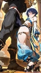 ai_generated ass ass_focus belly_dancer belly_dancer_outfit big_bulge bulge femboy genshin_impact heels high_heels hilichurls_(species) kinkyfuel lingerie male penis penis_size_difference scaramouche_(genshin_impact)
