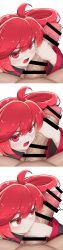 1boy 1girls 2d 2d_(artwork) alternate_version_available annoyed annoyed_expression blush blush_lines censored censored_penis climax clothed clothed_female clothing cum cumshot curved_to_the_right_penis detached_sleeves ejaculation eye_contact eyelashes female fully_clothed handjob kasane_teto looking_at_viewer male male_pov motion_lines open_mouth orgasm outercourse partial_male penis penis_on_face red_eyes red_hair sex simple_background straight sweat sweating tremble_spikes trembling twin_drills utau wayuwayu white_background